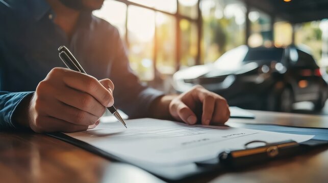 A car owner filing a claim through an auto insurance portal after an accident, with their car visible in the background.