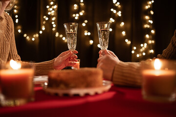 Close-up of young couple with glasses of champagne having romantic dinner at home, celebrating Valentines Day