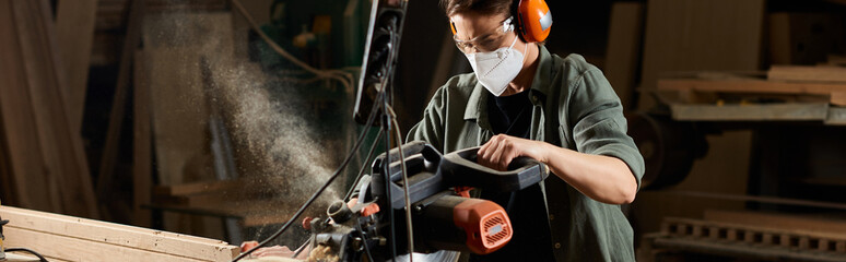 In a cozy workshop at dusk, a dedicated female carpenter expertly shapes wood, concentration...