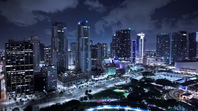 Downtown Miami skyline at Bayfront Park by night aerial view - drone photography