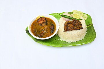 Delicious Indian fish curry with rice. Traditional Asian fish curry dish. Asian food and meal. It is liked all over India. Indian style fish curry served in plate with rice. Indian food. 