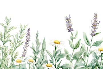 Watercolor wild herbs and flowers on white background