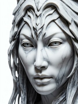mythical creature yuki onna marble statue head bust on white background