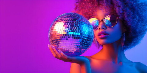Beautiful young girl with disco ball for night club. Neon banner copyspace.