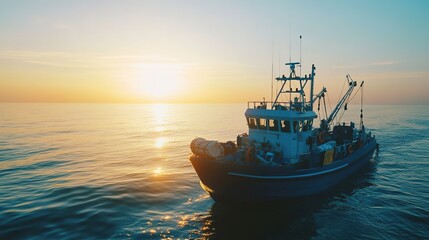 Obraz premium Fishing boat at sea during golden sunset