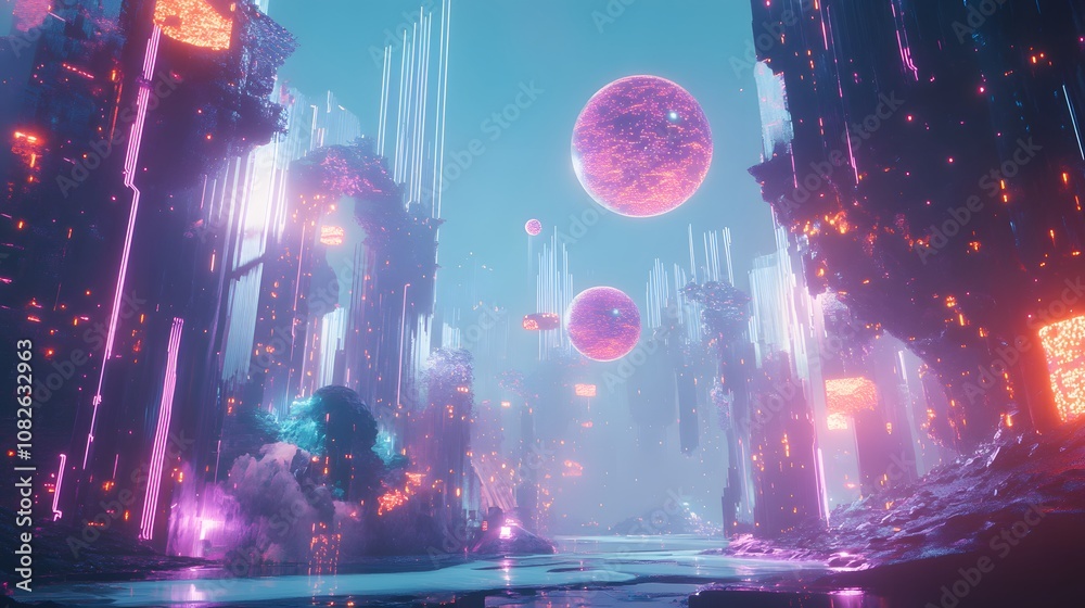 Poster An abstract digital landscape with floating neon spheres and interconnected digital lines, creating a dreamlike and hyper-futuristic atmosphere of technological innovation. 4k resolution, cinematic
