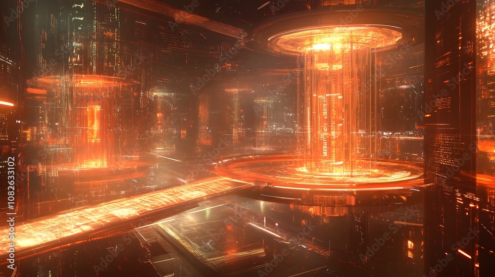 Aufkleber A hyper-futuristic laboratory setting with holographic screens, glowing data streams, and abstract tech structures reflecting innovation. 4k resolution, cinematic scene