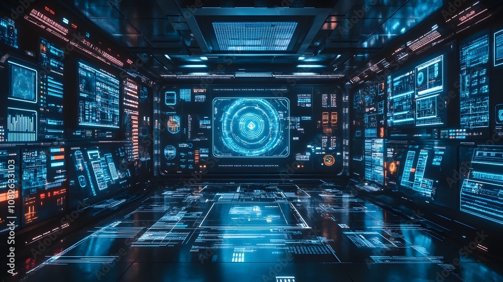 Aufkleber A hyper-futuristic laboratory setting with holographic screens, glowing data streams, and abstract tech structures reflecting innovation. 4k resolution, cinematic scene