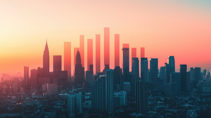 Fototapeta premium city skyline at sunset with vibrant colors and tall buildings creating stunning silhouette. warm hues evoke sense of tranquility and beauty