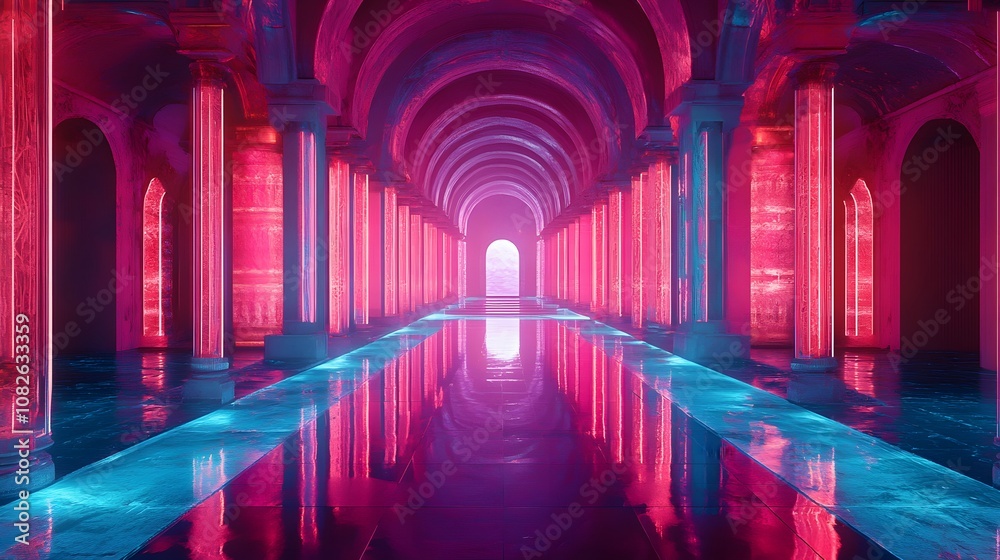 Poster A sci-fi digital structure composed of endless, mirrored panels with reflections of neon lights, forming an abstract futuristic labyrinth. 4k resolution, cinematic scene