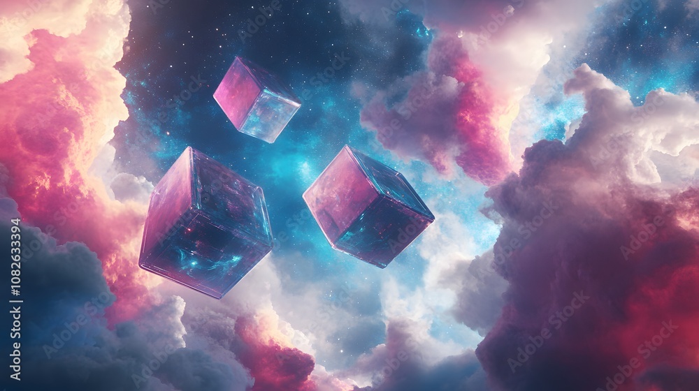 Poster a conceptual sci-fi landscape featuring giant transparent cubes floating in a sky filled with colorf