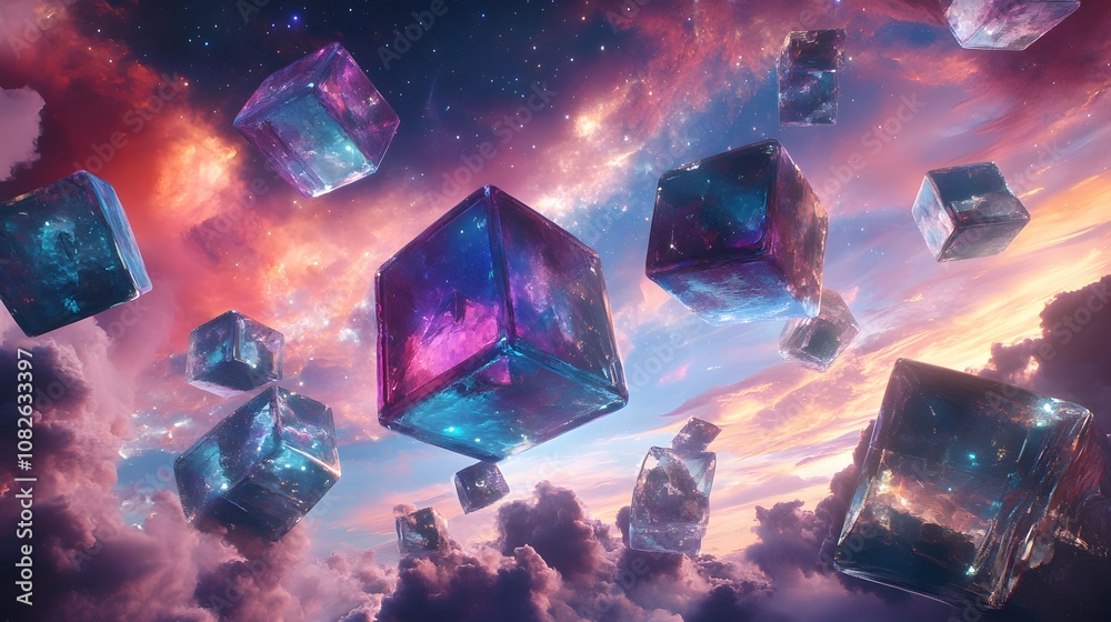 Poster A conceptual sci-fi landscape featuring giant transparent cubes floating in a sky filled with colorful nebulae, blending digital art with science fiction. 4k resolution, cinematic scene