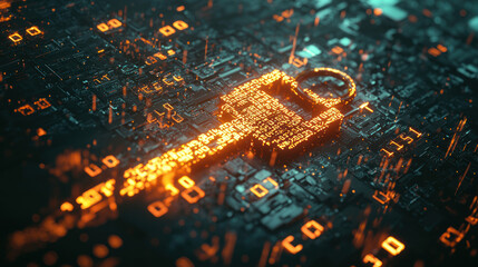 Intricate Digital Key Floating Above a High-Tech Background Featuring Encryption Patterns and Data Streams in a Futuristic Environment