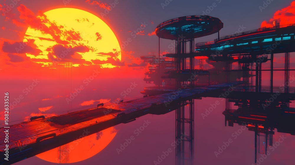 Poster A futuristic skyline bathed in holographic light with multiple levels of floating walkways, set under a vast, dreamlike sunset. 4k resolution, cinematic scene