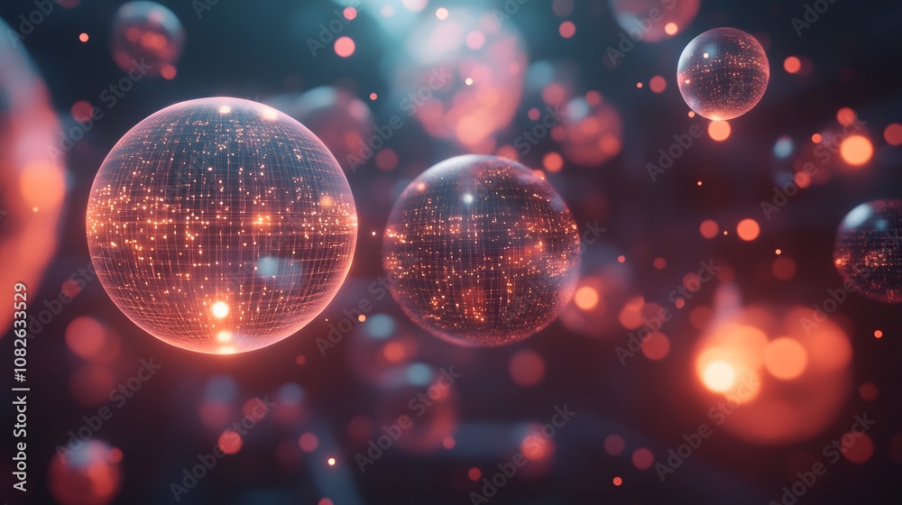 Poster A sci-fi inspired grid structure with layers of floating orbs, representing data, hovering in a dark conceptual space. 4k resolution, cinematic scene