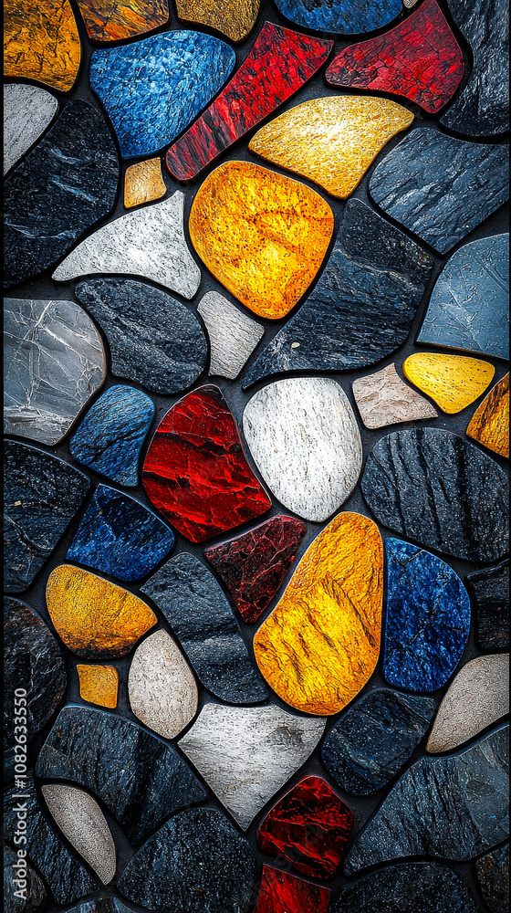 Poster a vibrant mosaic composed of various colorful stones, featuring an intricate design of shapes and te