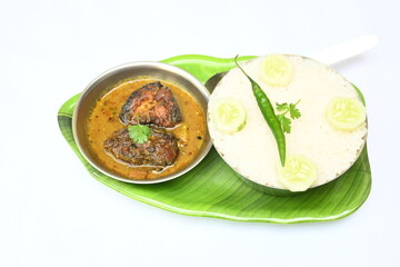 Delicious Indian fish curry with rice. Traditional Asian fish curry dish. Asian food and meal. It is liked all over India. Indian style fish curry served in plate with rice. Indian food. 