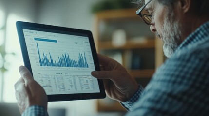 A mature man wearing glasses sits in his living room, holding a tablet and examining a graph.