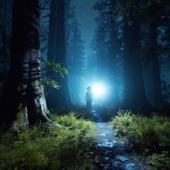 silhouette of woman walking through forest at night. mixed media
