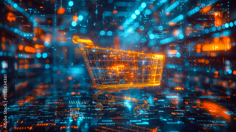 Poster A shopping cart made of glowing lines stands out amid a backdrop of dynamic data visualizations in a digital marketplace