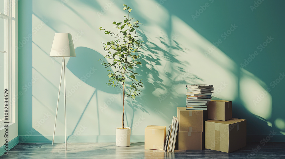Poster a potted plant and lamp are illuminated by sunlight, casting shadows in a simple room with stacked b