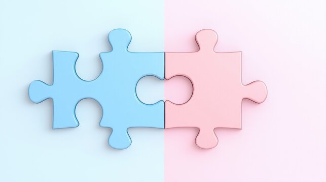 Connection of male and female puzzle pieces abstract concept minimalist design soft colors top view symbolism of unity