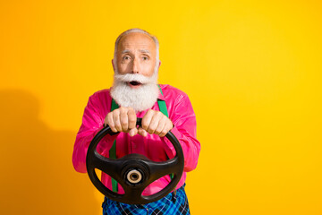 Photo portrait of old gentleman scared hold steering wheel dressed glamour stylish outfit party...