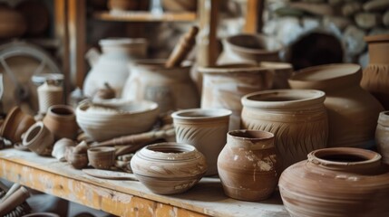 An artistic pottery studio with tools and clay pots, Pottery wheels and crafted pots arranged aesthetically, Rustic craft style