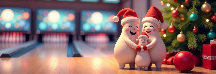 family of cartoon pins in bowling alley for Christmas, banner, copy space