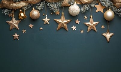 Fototapeta premium Christmas and New Year designs with festive ornaments, golden snowflakes, cozy wreaths, and sparkling holiday accents for wallpaper and greeting cards