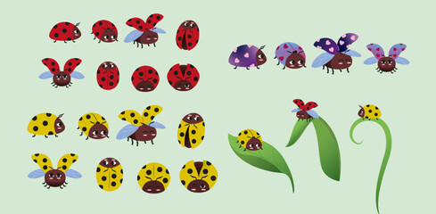 Vector illustration of cute ladybugs of different colors and poses