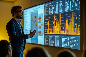 A presenter engages the audience with data visualizations and analysis on a large screen while discussing key insights during a meeting