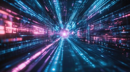 Abstract Neon Light Streaks in Motion: Futuristic Digital Art with Vibrant Blue and Pink Colors, Perfect for Tech, Cyberpunk, and High-Speed Energy Concepts in Design and Visuals