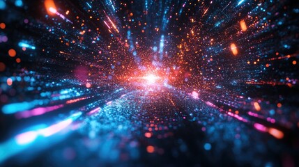 Obraz premium Dynamic Neon Light Trails Converging: Abstract Digital Art with Vibrant Blue and Pink Streaks, Perfect for Futuristic Themes, Tech Concepts, and Fast-Paced Digital Communication Visuals