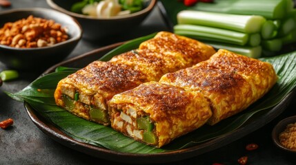 Four crispy egg rolls with vegetable filling on a banana leaf, on a plate.