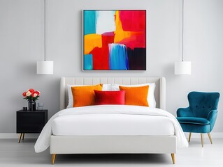 Modern bedroom with upholstered bed, vibrant abstract artwork, sleek decor, neutral tones, and soft lighting