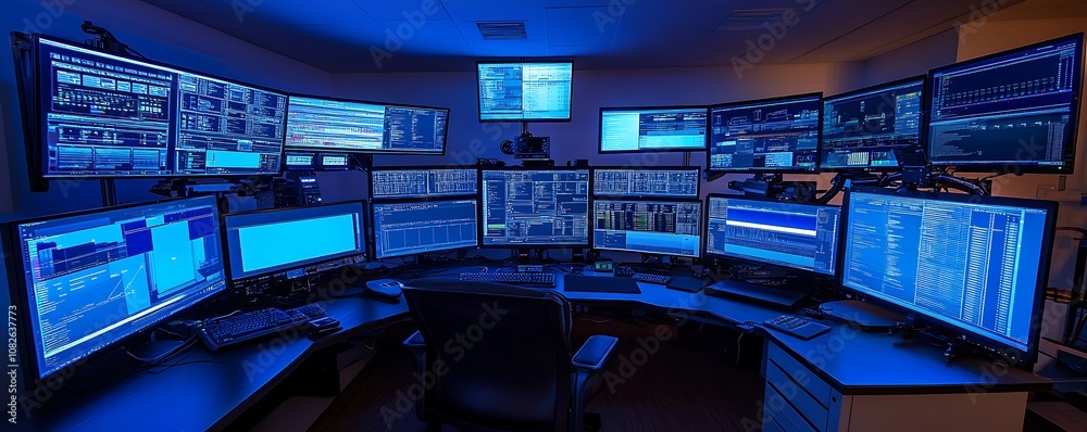 Poster a high-tech control room filled with multiple monitors displaying data and analytics.