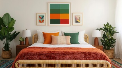 Bohemian bedroom with woven bed frame, colorful artwork on walls, eclectic decor, bright space