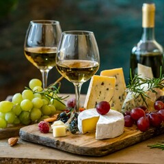 Sophisticated Wine and Cheese Pairing With a Selection of Fine Wines, Artisan Cheeses, Fresh Fruits, and Herb Garnishes for a Luxurious Dining Experience