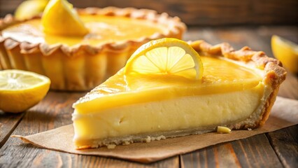 A Slice of Lemon Tart with a Creamy Filling, Topped with a Lemon Wedge, on a Rustic Wooden Table