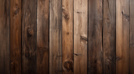 Naklejka premium Close-up of a wooden surface composed of vertical wooden planks with visible natural grain patterns and knots, showcasing a variety of rich brown tones and textures.