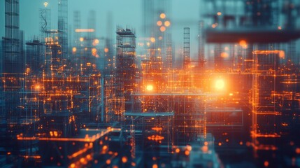 Futuristic cityscape with glowing orange lines and lights, depicting a digital network or data flow.