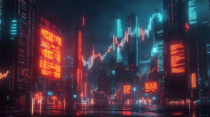 Obraz premium Here's a and keyword list for your image... Futuristic cityscape with vibrant neon lights and stock market graph.