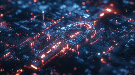 Digital Lock Concept with Interconnected Circuits and Nodes Depicting Cybersecurity Themes in a Futuristic Environment
