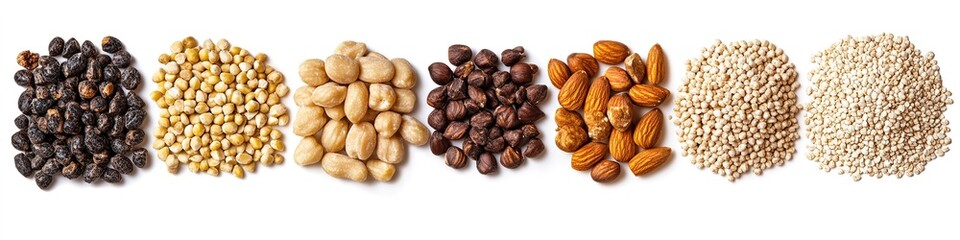 Assorted beans and nuts in neat rows on white.