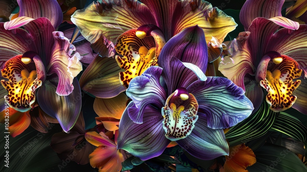 Aufkleber a stunning display of purple and orange orchids showcases their intricate patterns and rich colors i