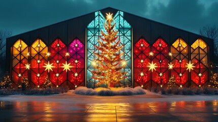 A modern outdoor Christmas lighting display featuring sleek geometric patterns, subtle holiday colors, and a minimalistic tree with bright star lights