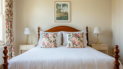 Elegant bedroom with fourposter bed frame, soft floral artwork, luxurious decor, large windows