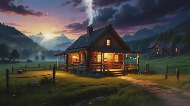 Traditional wooden house on the plateau, playing 4K virtual video animation background smoothly