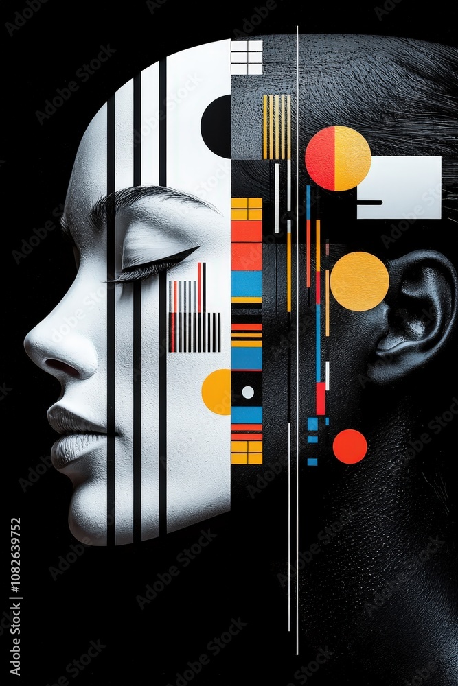 Aufkleber the artwork features a split human profile, intricately merged with bold geometric patterns and vibr